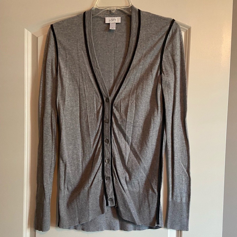 Loft longer grey with black sweater cardigan - small